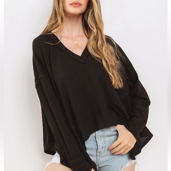 35 Knit Thermal V-neck Reverse st Oversized Casual top - Picture 2 of 4